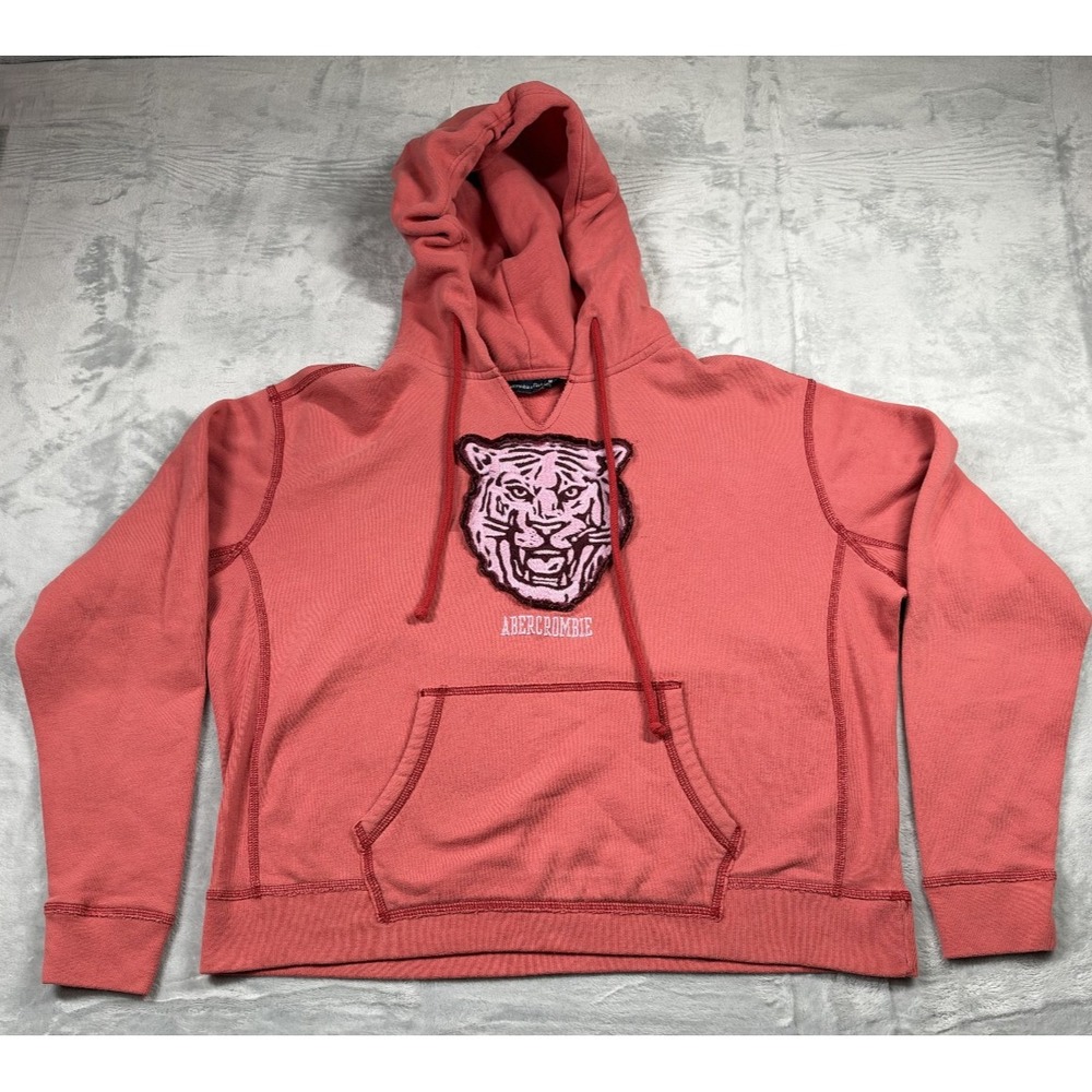 Abercrombie & Fitch Women's M Tiger Hoodie Cropped Coral Pink Y2K Pullover